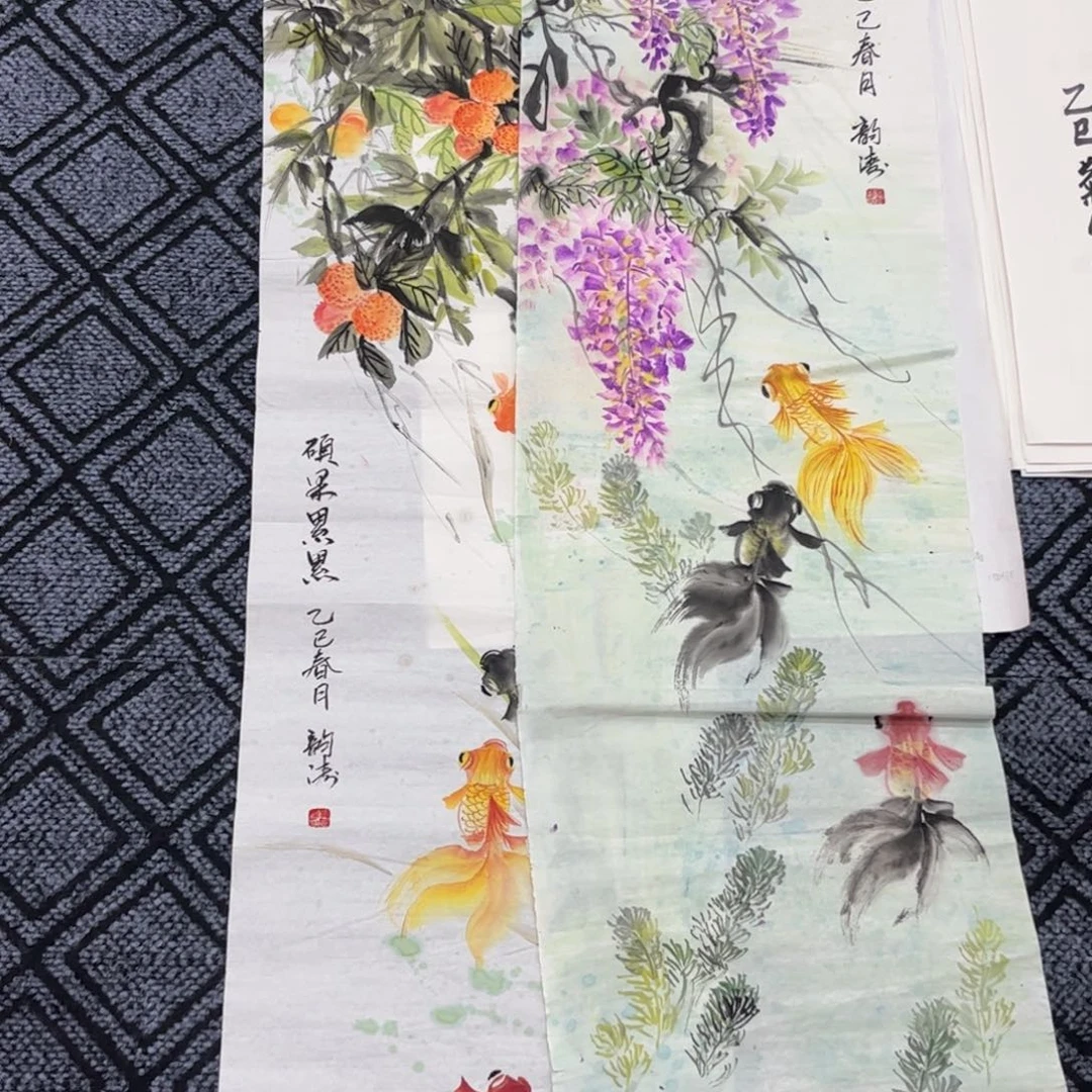 渔***子国画龚韵涛老师四尺对开花鸟旭2