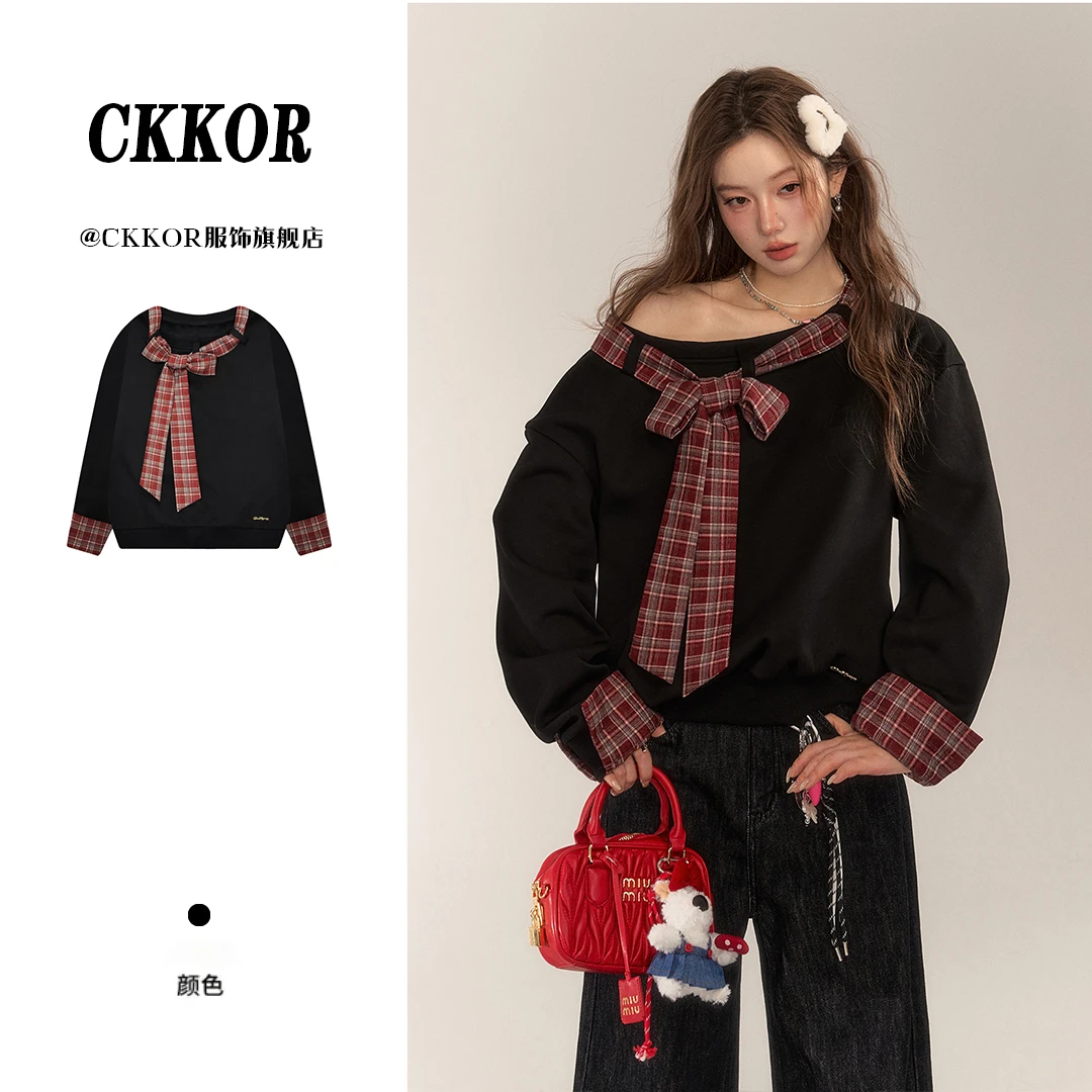 CKKOR韩系格纹斜肩蝴蝶结卫衣女春秋款纯欲宽松百搭拼接长袖上衣