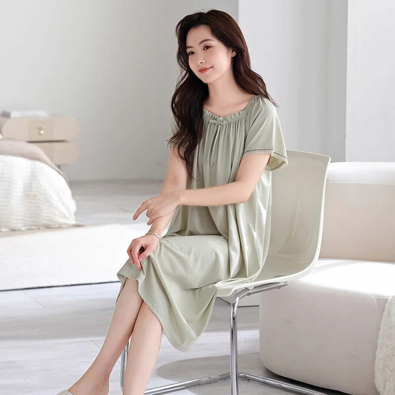 夏季带胸垫防凸点睡衣薄款短袖睡裙女宽松休闲可外穿中长款连衣裙
