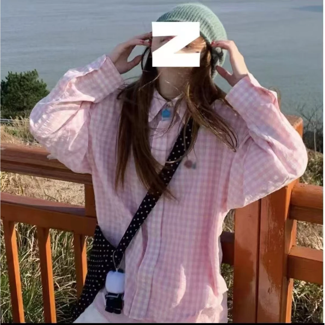 粉色多巴胺格子长袖衬衫女2025春季韩系甜美慵懒风外套