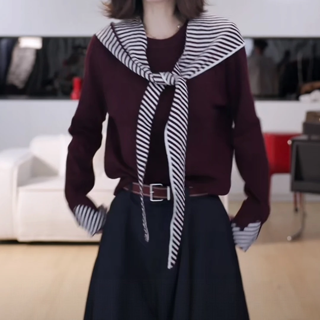 秋冬针织套头款毛衣毛针织衫女2025新款气质显瘦条纹披肩上衣