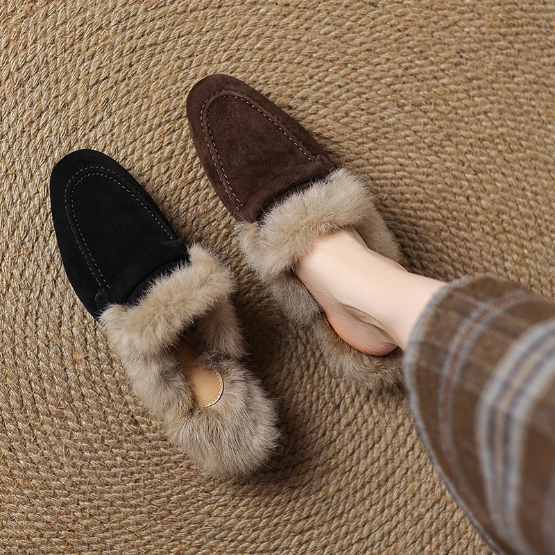 兔毛粗跟毛毛拖鞋女外穿乐福鞋冬季一脚蹬加绒保暖包头半拖穆勒鞋