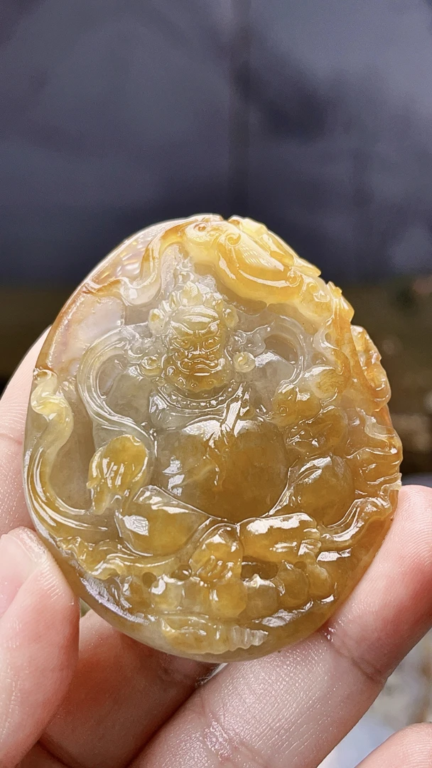 天然缅甸翡翠冰黄翡双面工黄财神毛货买断需抛光尺寸60-48-12