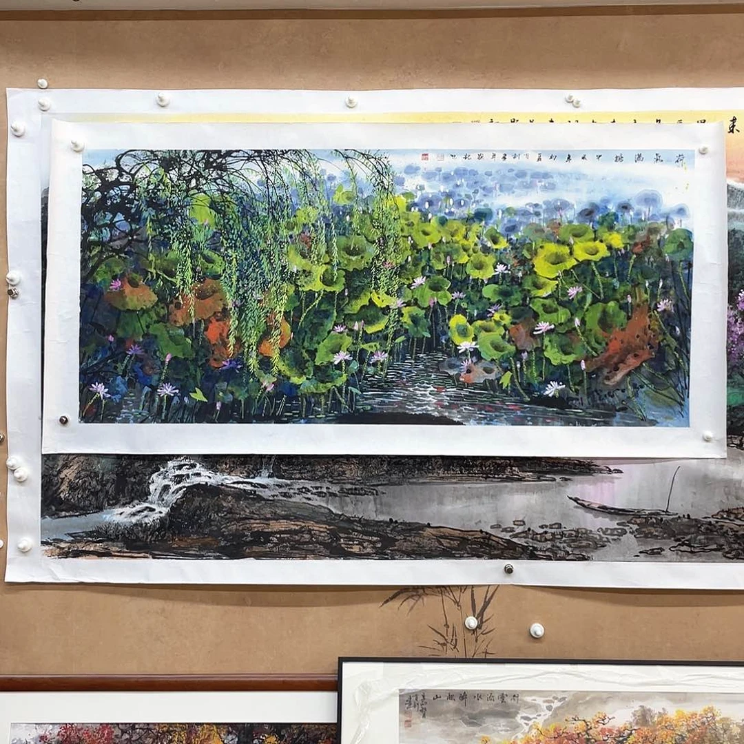 国画王*磊手绘国画荷塘，四尺