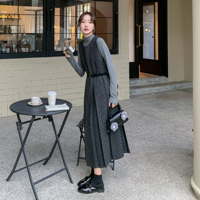 灰色波点毛呢连衣裙女秋冬套装裙两件套舒芙蕾轻法风高级感流行
