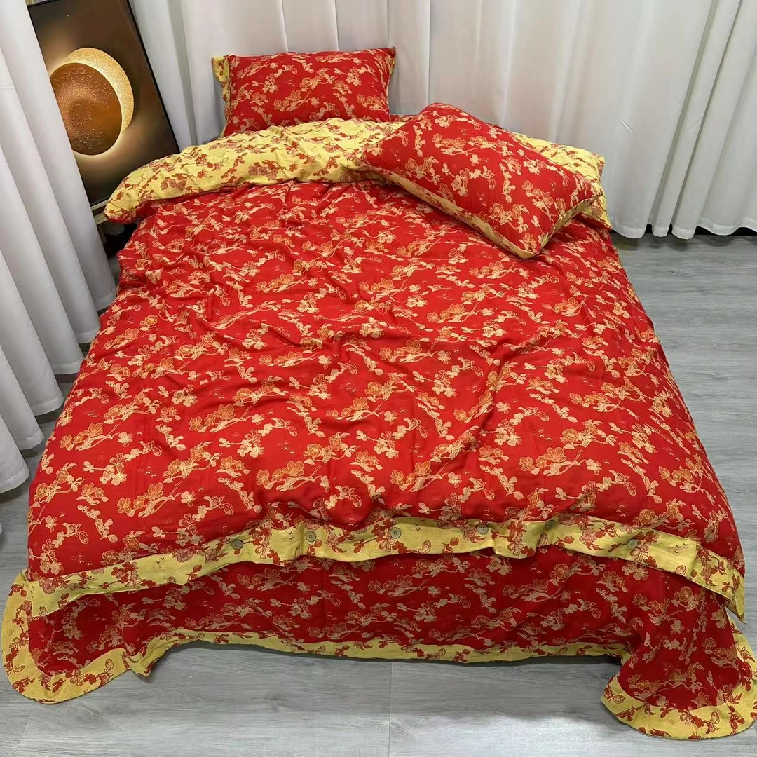 【标准四件套】锦绣良缘-大红色纯棉双层纱