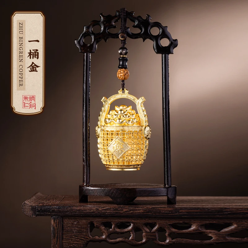朱炳仁【一桶金】桌面铜摆件带木支架高档书房桌面装饰品聚宝盆摆设