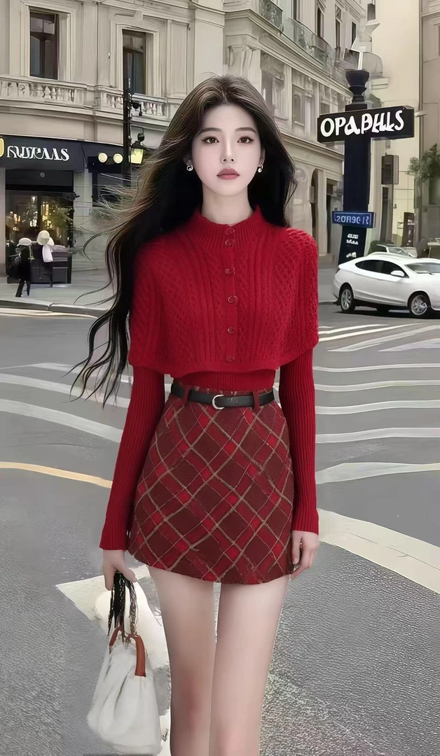 秋季新款淑女红色圆领单排扣长袖针织上衣+红色格子半身裙两件套
