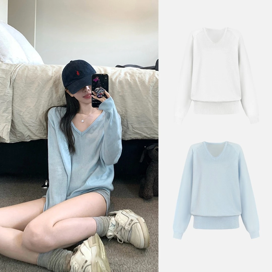 【具象松弛】 宽松柔软v领针织衫上衣女春秋季内搭打底衫H 8558#