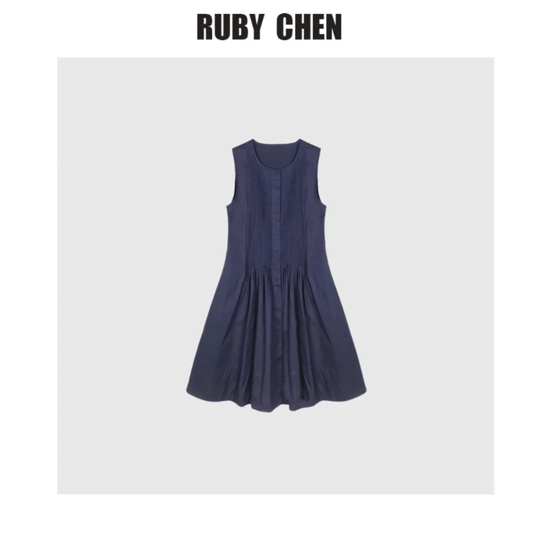 Rubychen~时尚韩版褶皱设计感无袖连衣裙女