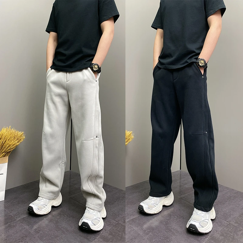 秋冬潮流痞帅直筒宽松美式弯刀裤加绒加厚卫裤男士简约休闲运动裤
