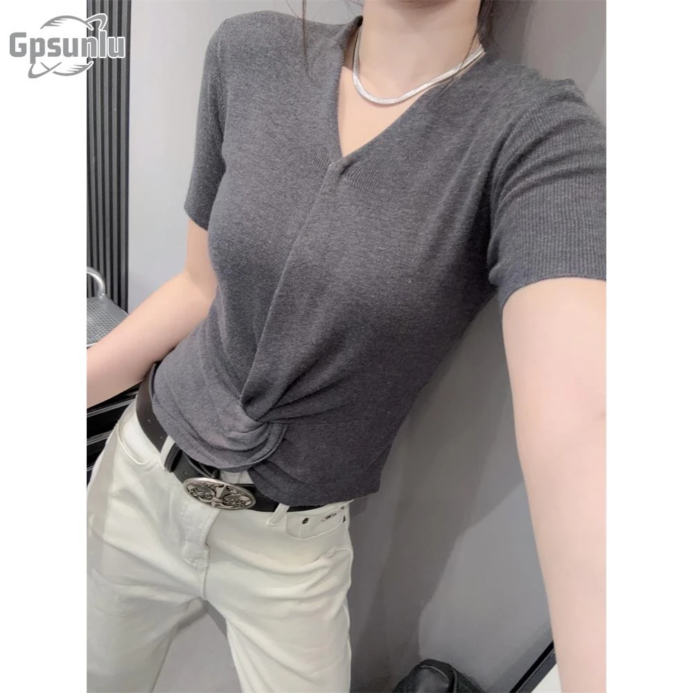 gpsunlu不规则扭结短袖女时尚褶皱洋气百搭修身上衣夏季显瘦小众