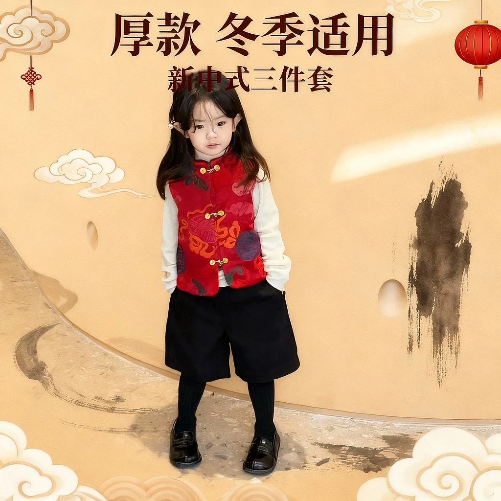 现货壹妈国风女童拜年服秋冬套装儿童喜庆新中式红色夹棉马甲短裤