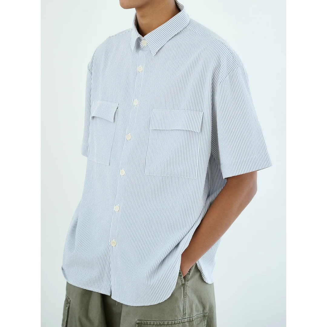 Anniehall25ss seersucker shirt泡泡纱条纹复古日系双袋短袖衬衫