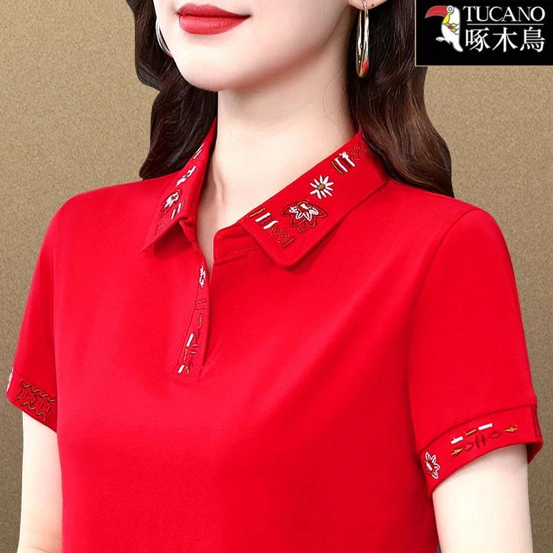 啄木鸟夏季薄款时髦翻领短袖上衣女2025年新款百搭刺绣POLO衫T恤