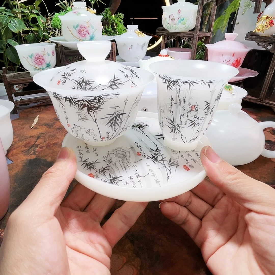 冰晶璞玉素烧薄胎定风波三件套装