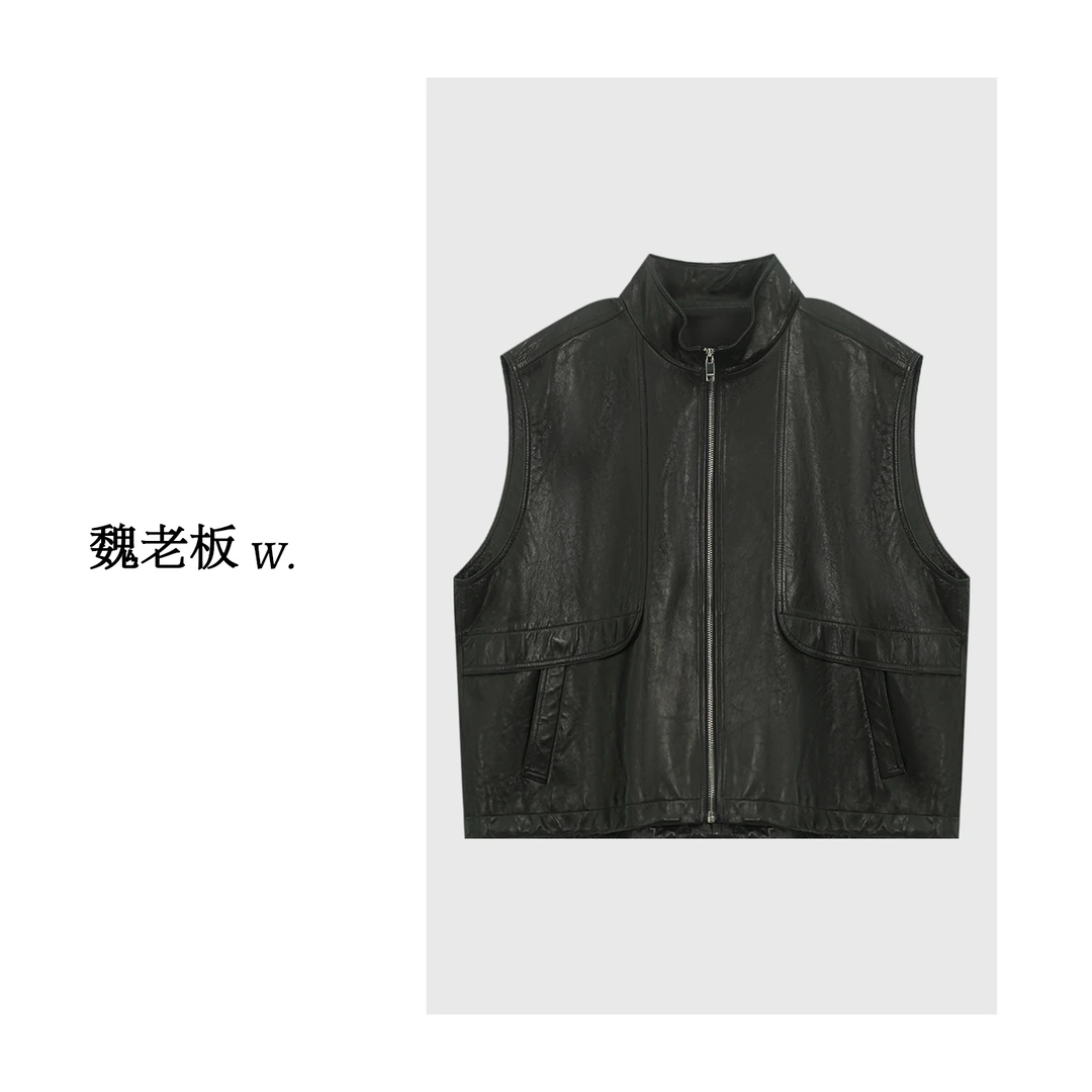 W.Diva【梵音】100羊皮革时髦品质酷飒廓形拉链皮衣马甲51C211568