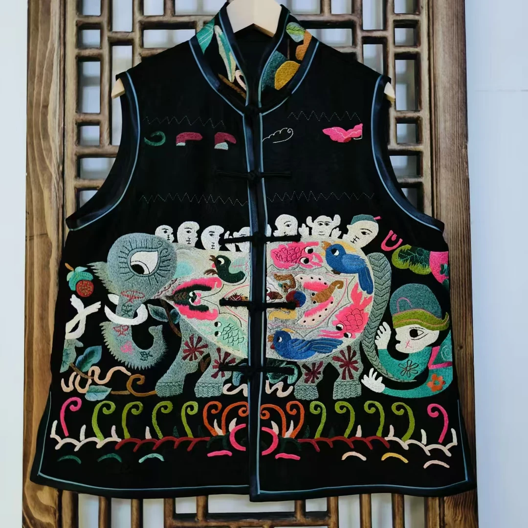 凤徕兮私人定制黑色暗纹大象图腾刺绣立领马甲 LS326