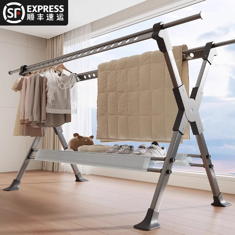 伸缩晾衣架落地家用阳台折叠室内晾衣杆衣架晒被子神器室外晒衣架
