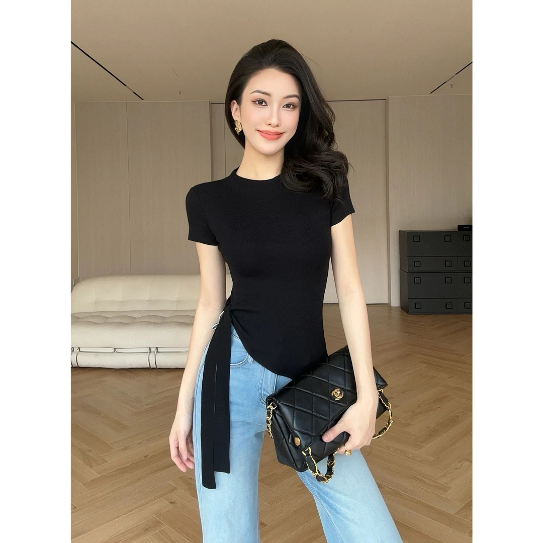 JIJINQI时尚显瘦百搭夏季修身设计感绑带短袖上衣女 JD03SMPT1162