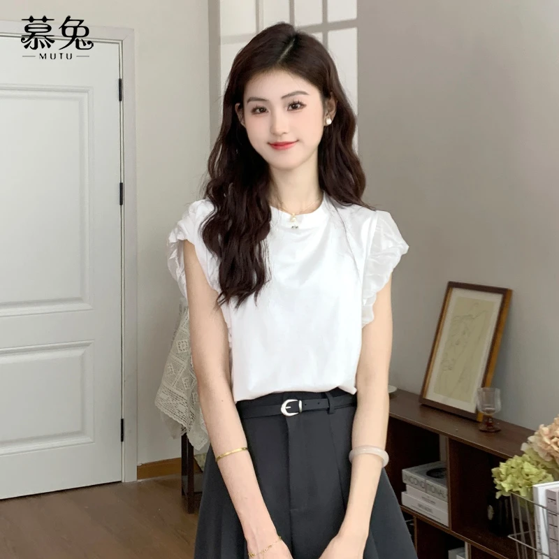 【小铃铛】TU18875法式飞飞袖圆领衬衫设计感小众小个子甜美上衣