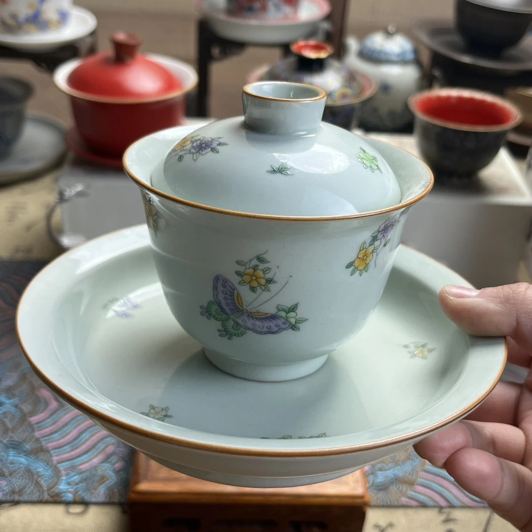 单盖碗景德镇陶瓷器珐琅彩蝶恋花三才盖碗茶具不烫手泡茶碗55号