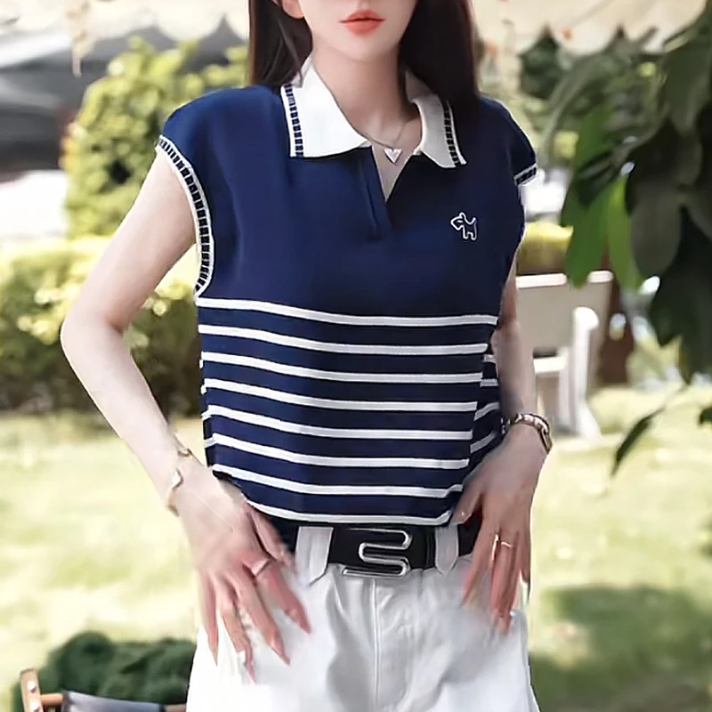 2025夏季新款气质简约撞色条纹设计感针织短袖女通勤显瘦百搭上衣
