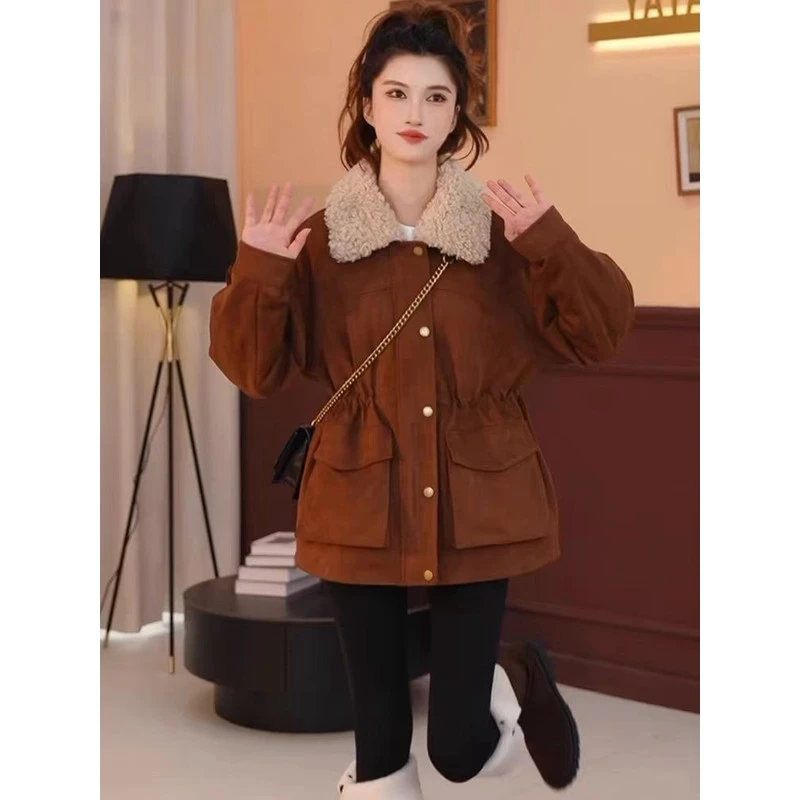 新款加厚派克服秋冬中长款宽松皮衣女外套百搭绒收腰加2025