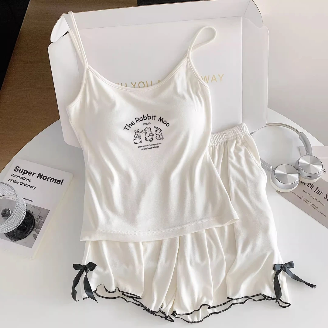 卡通可爱三只兔子莫代尔带胸垫吊带短裤睡衣女夏季甜美家居服套装
