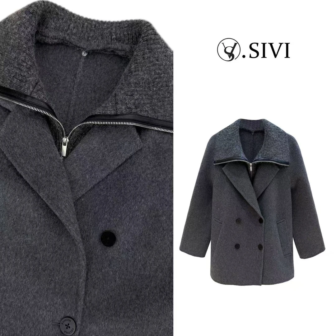 熙薇【一笑倾城】2025秋季新款高端假两件羊绒羊毛大衣短款H5576