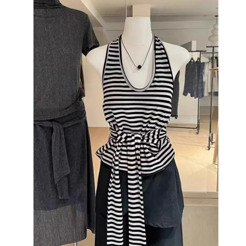 辣妹挂脖条纹背心女绑带收腰高级感夏季外穿露背性感无袖上衣内搭