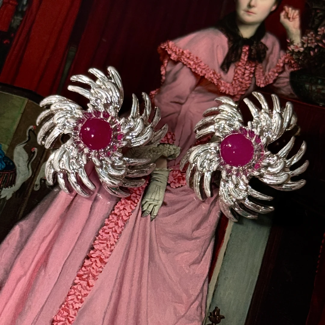 合金琉璃耳饰 《玫雪》唯美！中古vintage耳钉玫红烟花复古银色耳饰