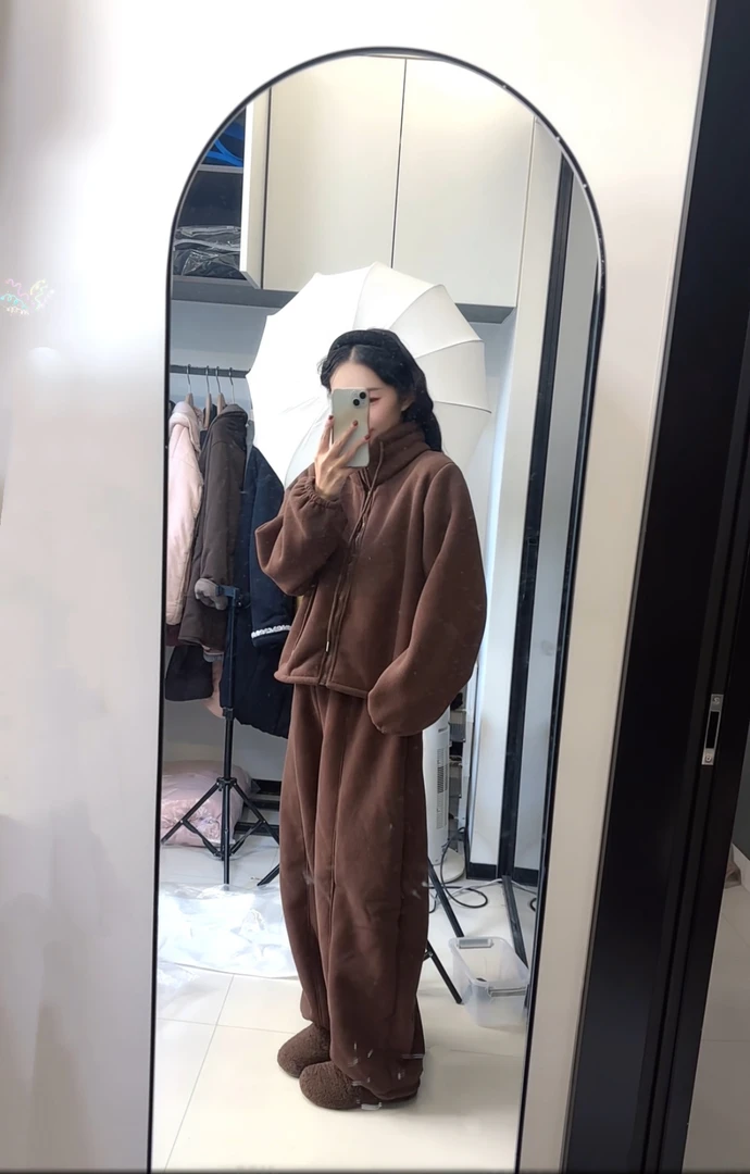 韩系加厚加绒款立领休闲套装可外穿家居服女松紧带