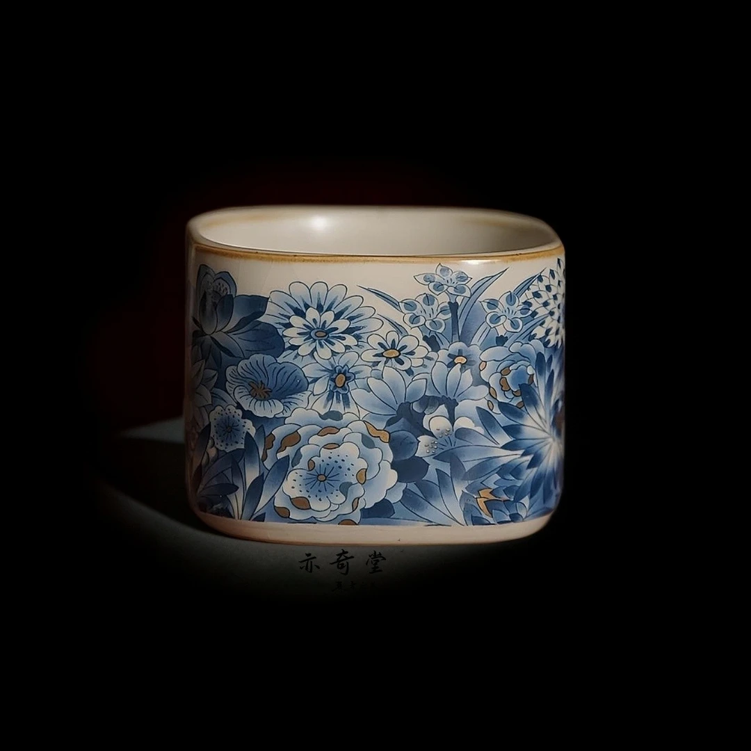 高档汝窑金万花茶杯陶瓷品茗方杯复古中国风丹青蓝主人杯办公杯