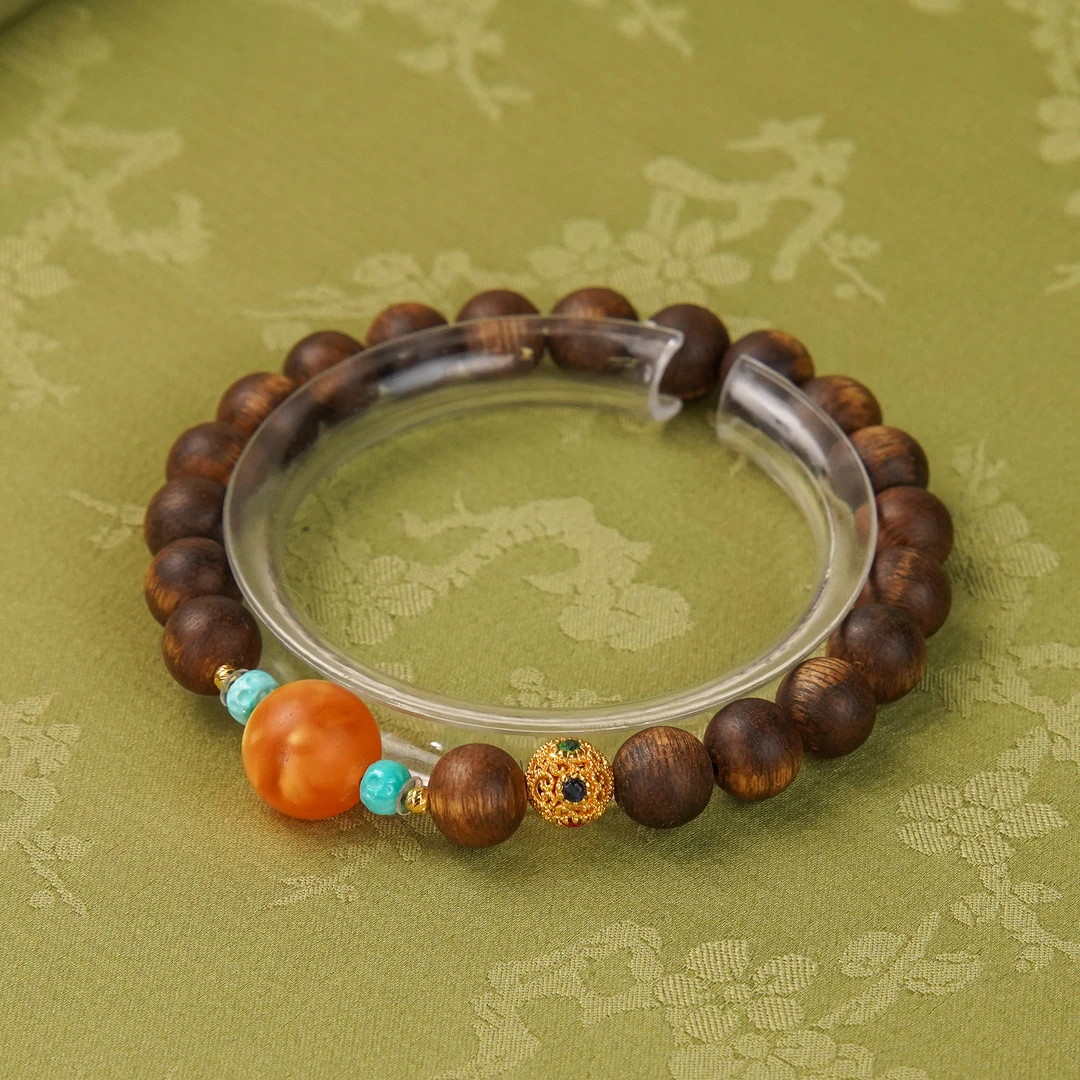 沉香富森红土0.8DIY绿松18k蜜蜡大单珠沉香手串单圈/CX00637