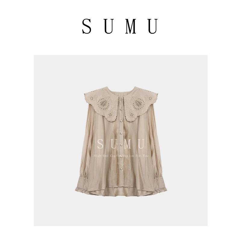 宿慕镂空大翻领衬衣春夏新款休闲长袖时尚衬衫小个子女620