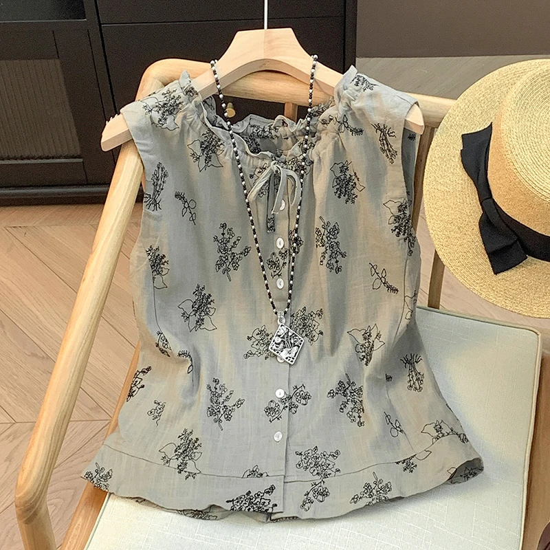 2025夏季雨露麻艺术感植物印花瓣领无袖系带小衫新款复古洋气衬衫