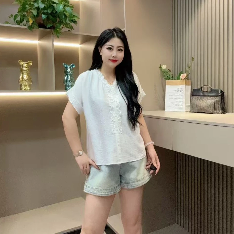 夏季半袖-橱 8516时尚潮流木耳边设计洋气显瘦胖MM大码女装新款