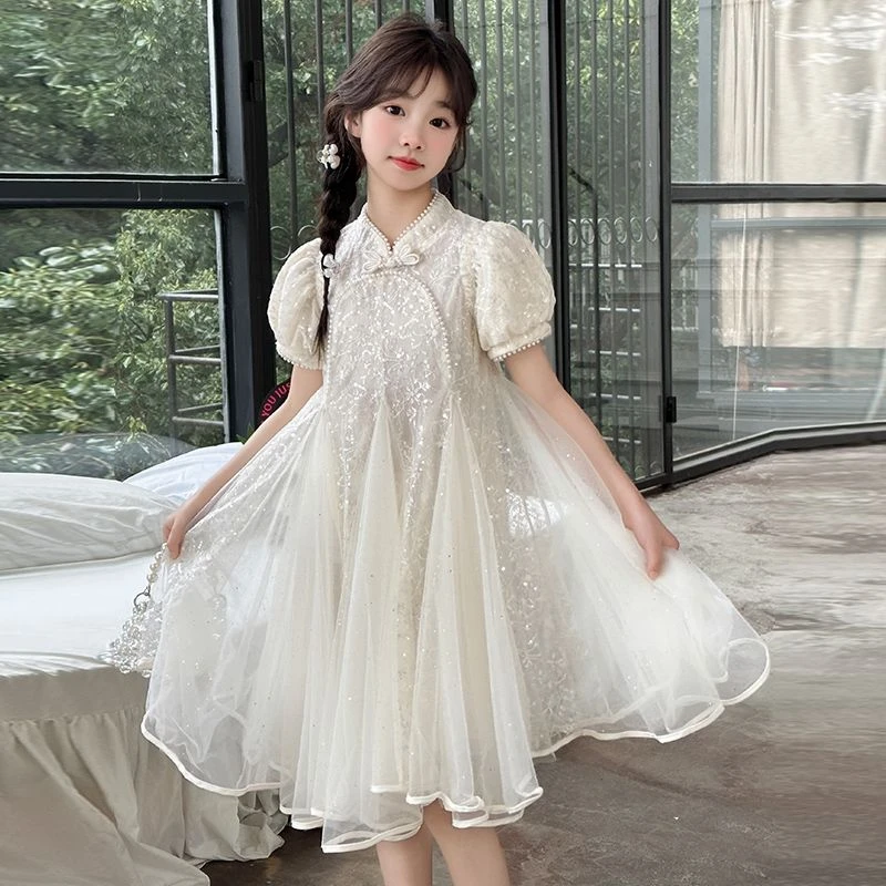 小女孩夏季连衣裙汉服国风公主裙女大童夏装旗袍新中式蕾丝裙子薄