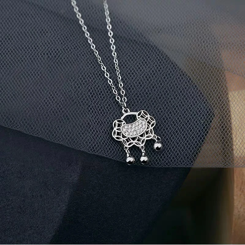 坠链均足银 999.9足银A117纯银长命锁项链女士锁骨链日韩风小众