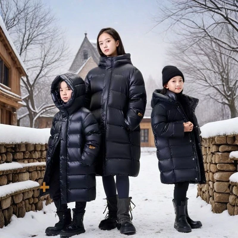 黑金儿童中长款男童女童亲子连帽加厚过膝冬季保暖防寒服加长外套