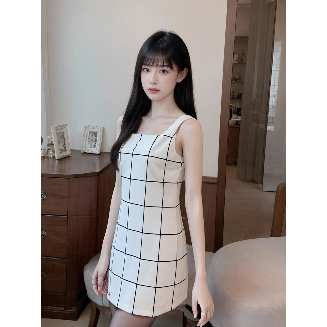 2275 夏季新品女装修身格纹连衣裙时尚宽松潮流气质