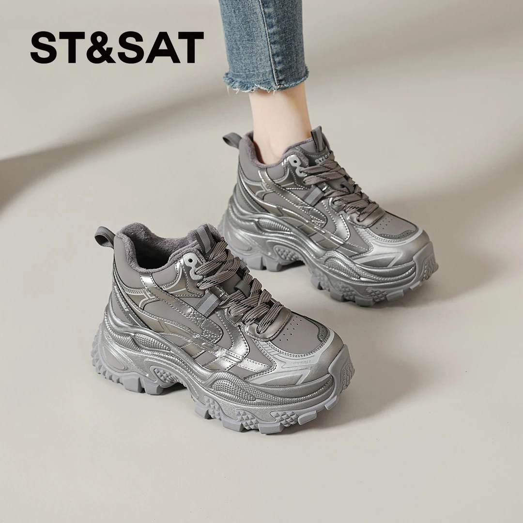 星期六厚底老爹鞋2025冬季新款加绒保暖运动风高帮鞋休闲百搭女鞋