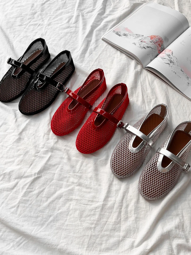 性感镂空羊皮系带芭蕾舞鞋平底鞋网鞋镂空单鞋渔网羊皮脚垫