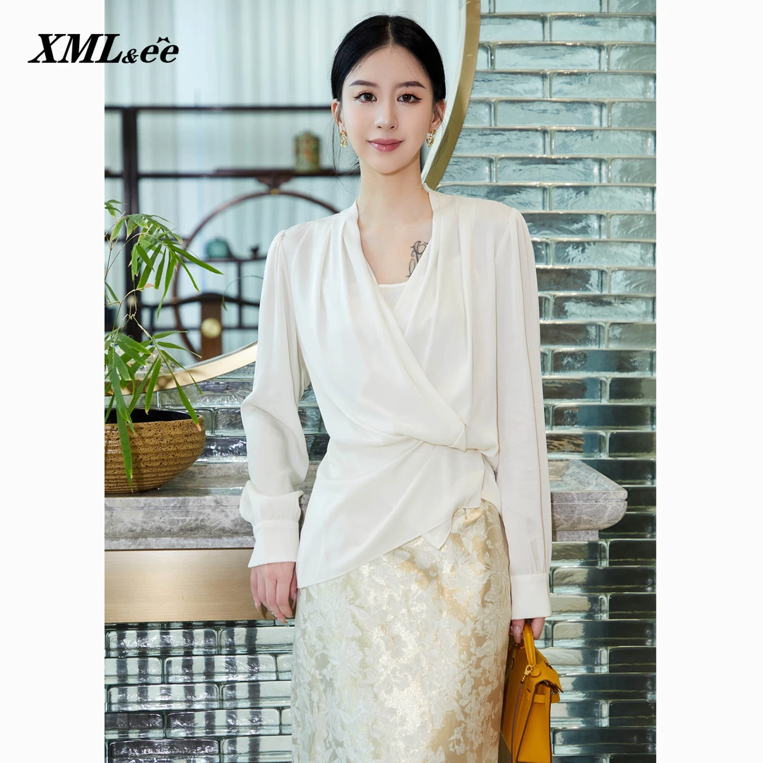 XMLee艾米尔 系带桑蚕丝亲肤百搭长袖衬衫 Y432C1435