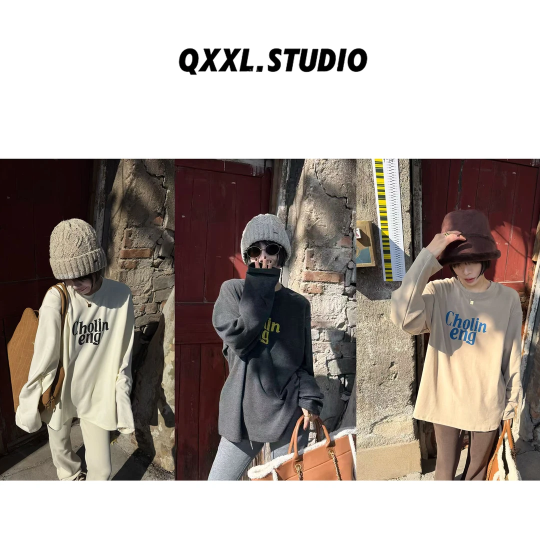 邱小小丽呀 冬季新款圆领字母印花长袖T恤女加厚百搭磨毛套头上衣