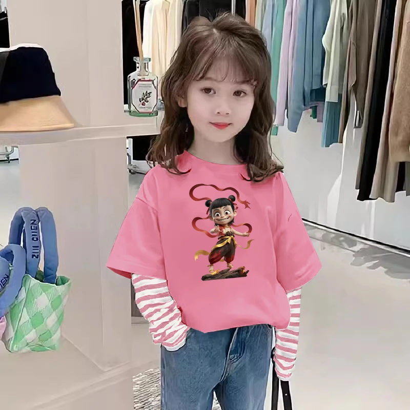 2025春秋纯棉新款假两件条纹女孩长袖卡通T恤洋气女童潮衣服外穿