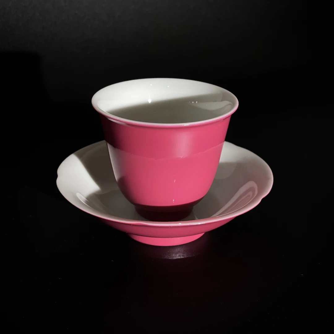 倚云煮泉胭脂红釉碟手工恋杯满容60ml茶杯粉红纯色茶具陶瓷家用