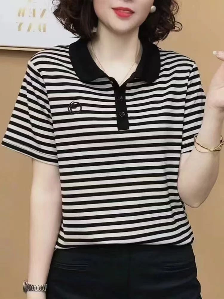 B285#夏季时尚条纹气质显瘦短袖（L~5xL 90~160斤）