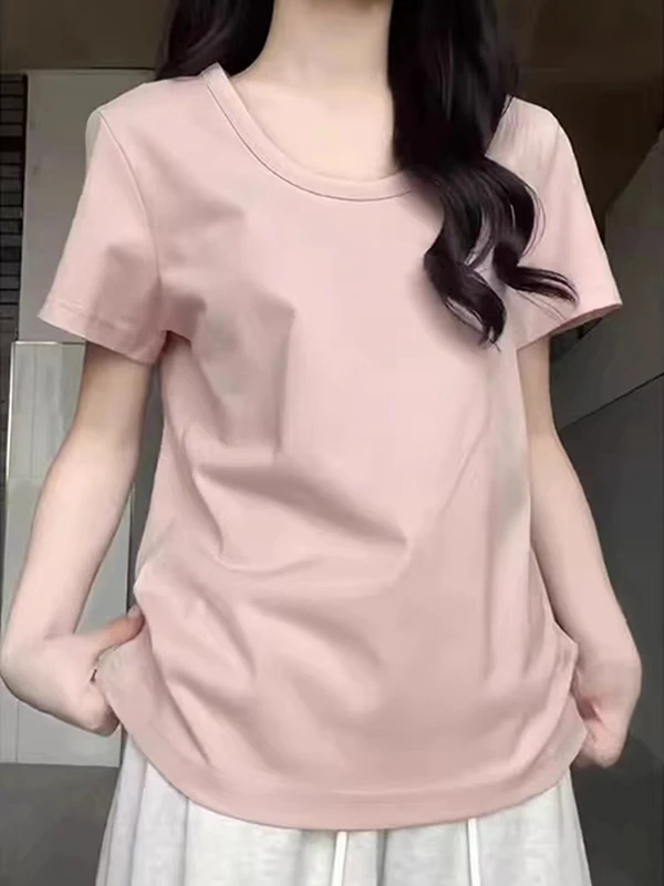 粉色U领宽松正肩短袖T恤女夏季2025新款慵懒休闲棉质半袖体恤上衣